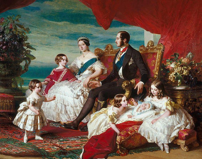 Семья Виктории в 1846 году кисти Франца Ксавера Винтерхальтера. Слева направо: принц Альфред и принц Уэльский; королева и принц Альберт; принцессы Алиса, Елена и Виктория